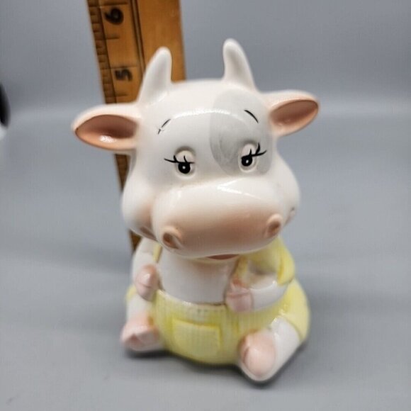Vintage Berco Ceramic Grey Spotted Cow in Yellow Overalls Bank Rubber Plug 5.75" - Picture 6 of 6